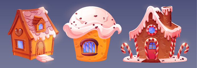 Candy land house made of cupcake with cream, chocolate cookies and pastry with caramel and icing decoration. Cartoon vector illustration set of fantasy sweet dessert home. Confectionery buildings.
