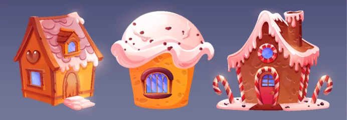 Rolgordijnen Candy land house made of cupcake with cream, chocolate cookies and pastry with caramel and icing decoration. Cartoon vector illustration set of fantasy sweet dessert home. Confectionery buildings. © klyaksun