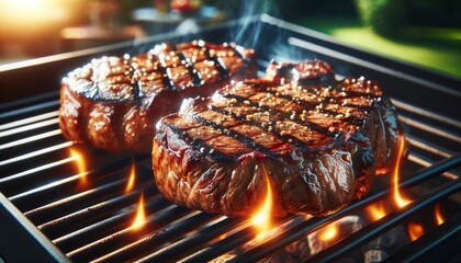 Close-up image of juicy beef steaks with perfect grill marks, cooking on a barbecue grill. - obrazy, fototapety, plakaty