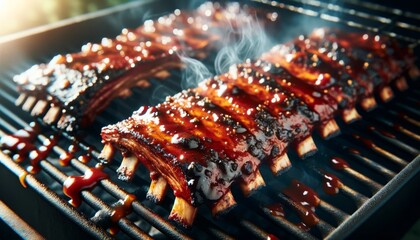 Close-up image of marinated pork ribs glazed with a sticky barbecue sauce, sizzling on a smoky grill.