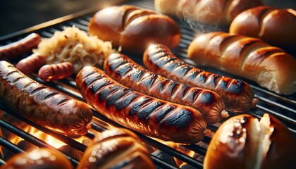 A detailed, close-up image of plump sausages and bratwursts grilling with visible grill marks. - obrazy, fototapety, plakaty