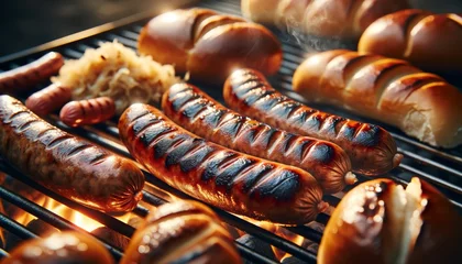Fotobehang A detailed, close-up image of plump sausages and bratwursts grilling with visible grill marks. © FantasyLand86