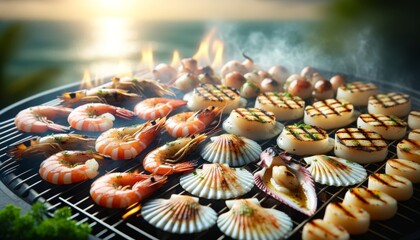 A close-up image of a mixed seafood grill featuring shrimp, scallops, and squid, arranged neatly on a grill with visible flames and smoke.
