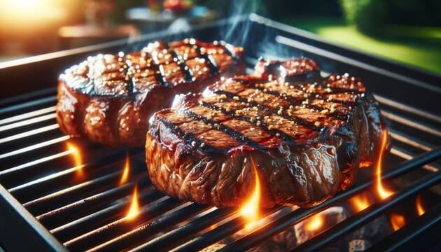 Close-up image of juicy beef steaks with perfect grill marks, cooking on a barbecue grill.