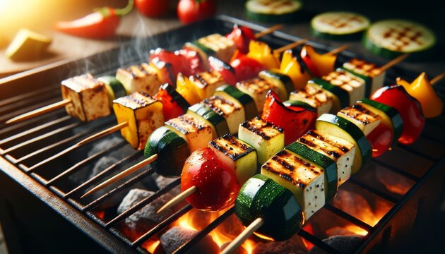 Close-up image of skewers of colorful vegetables and chunks of marinated tofu grilling over charcoal.