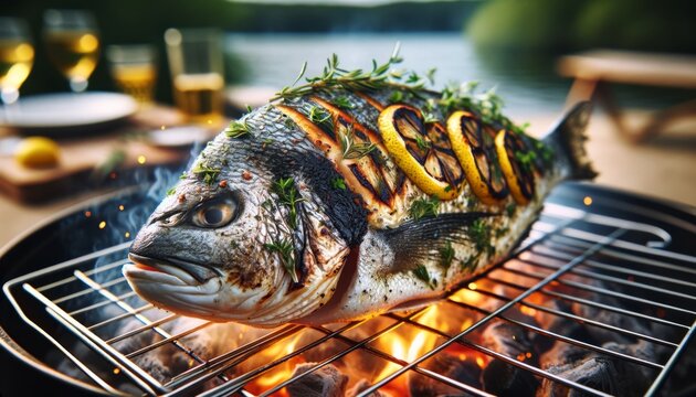 Close-up image of a whole fish with herbs and lemon slices inside, grilling on a wire fish basket over an open flame.