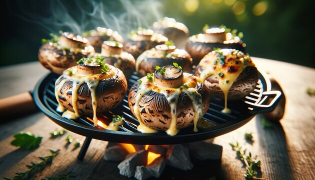 A detailed, close-up image of a variety of mushrooms stuffed with cheese and herbs, placed on a grill pan over gentle embers.