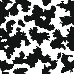 Cow skin texture, black and white spot repeated seamless pattern. Animal print dalmatian dog stains. Vector
