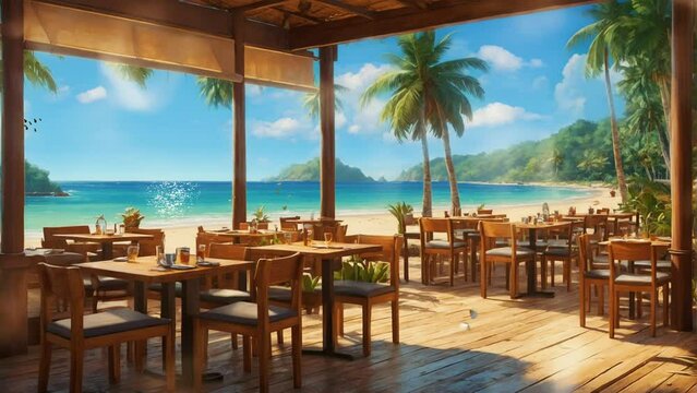 restaurants or tropical resorts on beautiful beaches. Cartoon or anime digital painting illustration style. seamless looping 4k video animation background.
