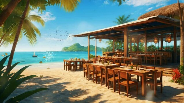 restaurants or tropical resorts on beautiful beaches. Cartoon or anime digital painting illustration style. seamless looping 4k video animation background.