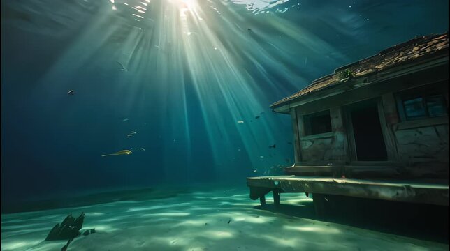 underwater ancient house with sun ray