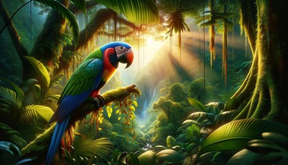 A colorful parrot perched on a branch in a lush tropical rainforest. - obrazy, fototapety, plakaty