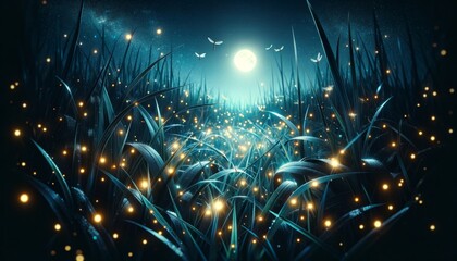 A detailed close-up image of fireflies glowing among the blades of grass in a moonlit field.