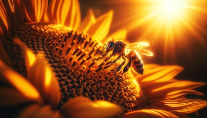 A close-up of a honeybee collecting nectar from the vibrant petals of a sunflower.