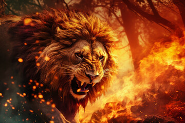 Naklejka premium A lion stands courageously with its mouth open in front of a raging forest fire, showcasing the danger of wildfires to wildlife