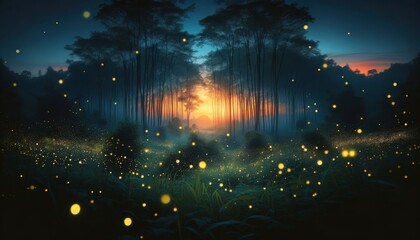 A group of fireflies beginning to light up at dusk, their tiny lights punctuating the twilight in a forest clearing. - obrazy, fototapety, plakaty