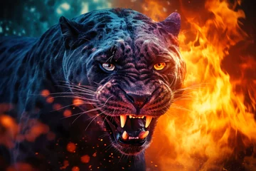 Tuinposter A black panther sprints through a city engulfed in flames, symbolizing the danger of wildfires in urban areas © Anoo