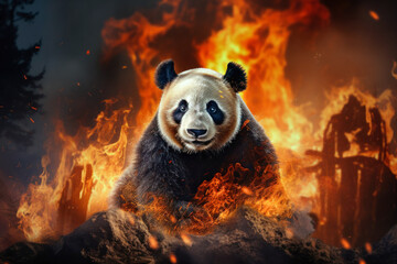 A panda bear sits atop a pile of fire, surrounded by flames from the forest fire it had escaped....
