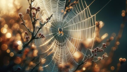 A spider skillfully weaving its web among the branches of a bush, the threads glistening like silver in the morning light.