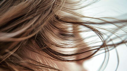 Close-up of a womans face as her hair blows in the wind, emphasizing hair care and style