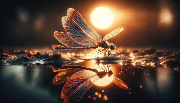 A dragonfly resting on the edge of a pond, its iridescent wings shimmering against the backdrop of a setting sun.