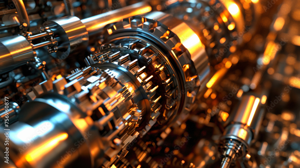 Poster detailed view of a high-tech metal structure, part of a modern engine design and production process 