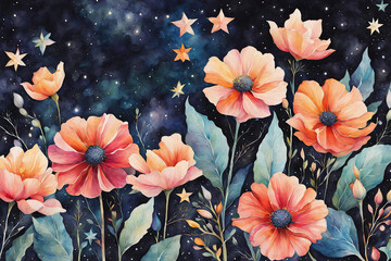 Infuse the Floral Composition with Celestial Elements Blending Watercolor Techniques to Create a Captivating Artwork