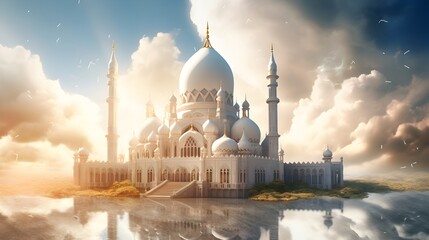 a beautiful mosque in clouds, background for jummah mubarak