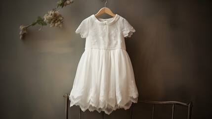 A beautiful white net frock for a baby girl on a wooden hanger with soft background