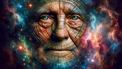An image of an elder's face with wrinkles that turn into the rings of a tree trunk, metaphorically expressing the wisdom of age.