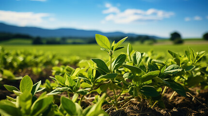 Green ripening soybean field, agricultural landscape. Generative AI
