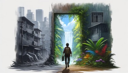 A young adventurer stepping through a portal from a dull, grey cityscape into a lush, vibrant jungle.
