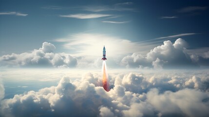 A missile rocket is flying above the clouds