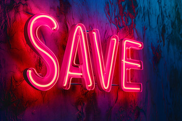 Neon word save on dark shabby wall. Neural network generated image. Not based on any actual scene or pattern.