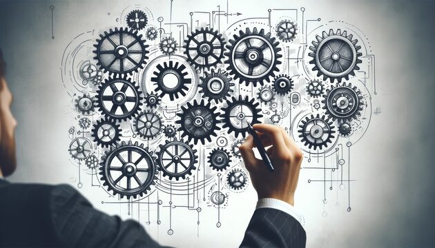 A high-quality, clean, and clear image in a 16_9 ratio that features a series of interlocking gears and cogs drawn on one side of the page.