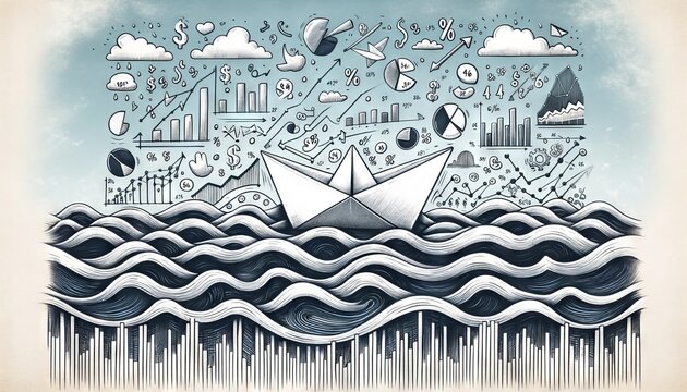 A high-quality, clean and clear image in a 16_9 ratio that depicts a paper boat sailing on a vast sea made up of waves that are stylized to loo.