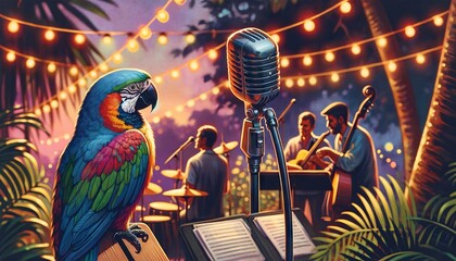 A close-up illustration of a tropical bird perched on a microphone stand with a Bossa Nova band performing in the background at an open-air venue. - Powered by Adobe