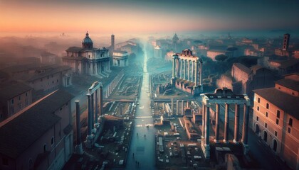 Imagine a breathtaking aerial view of the Roman Forum at dawn. - obrazy, fototapety, plakaty
