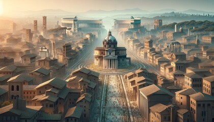 Imagine a conceptual series of images showing the evolution of the Roman Forum from its inception in ancient times, through its peak and decline.