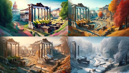 Imagine a series of images showing the Roman Forum in the distinct ambiance of four different seasons.