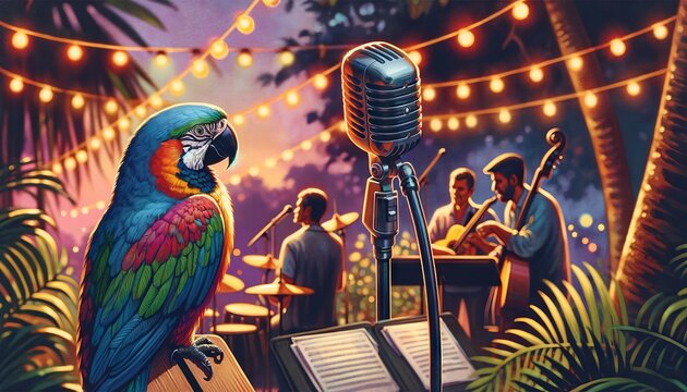 A close-up illustration of a tropical bird perched on a microphone stand with a Bossa Nova band performing in the background at an open-air venue.