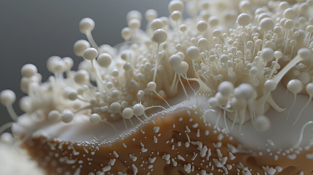 Macro 3D visualization of Aspergillus mold, emphasizing the spore structures and mycelium on bread to depict food decomposition.