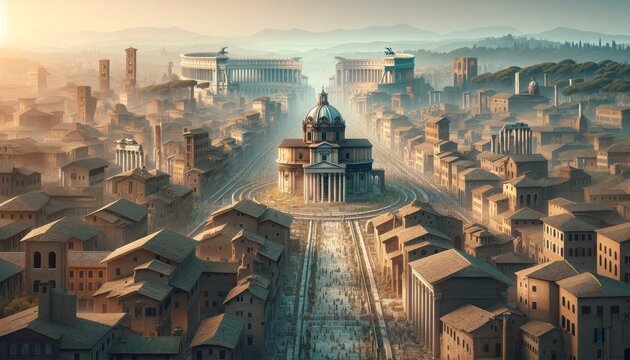 Imagine a conceptual series of images showing the evolution of the Roman Forum from its inception in ancient times, through its peak and decline.