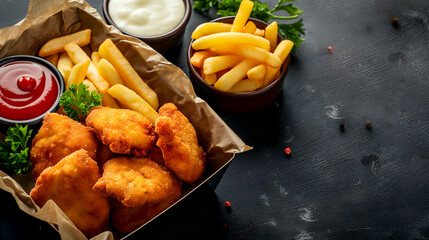 Chicken nuggets and French fries in delivery box, takeaway food concept. Rustic presentation of breaded chicken nuggets and fries. Snack time: crispy chicken nuggets with fries and dipping sauces