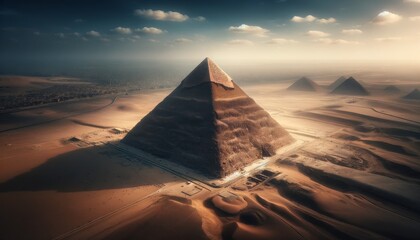 An aerial view capturing the majestic Great Pyramid of Giza in Egypt. - obrazy, fototapety, plakaty