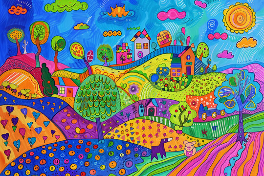 vibrant colorful landscape sun trees animals farm artwork acrylic nature painting illustration poster background
