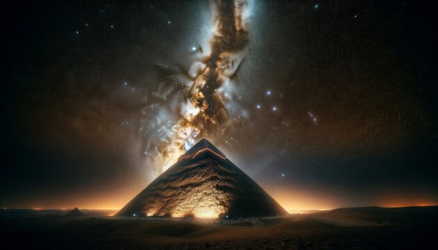 A night-time image showcasing the Great Pyramid of Giza under the clear night sky filled with stars and the Milky Way.