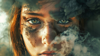 Womans Face Surrounded by Smoke