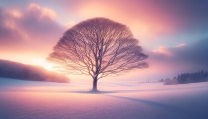 A solitary tree stands in the middle of a snowy field, the ground blanketed in a soft layer of pristine white snow. - Powered by Adobe