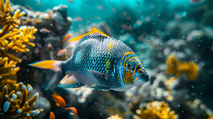 Blue and Yellow Fish in Coral Reef